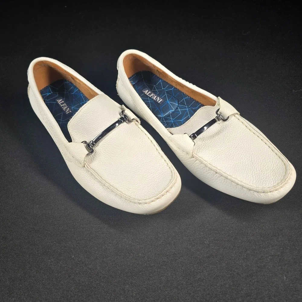 Alfani Marcus Mens White Pebbled Leather Bit Loafers Driver Shoes Size 10M
